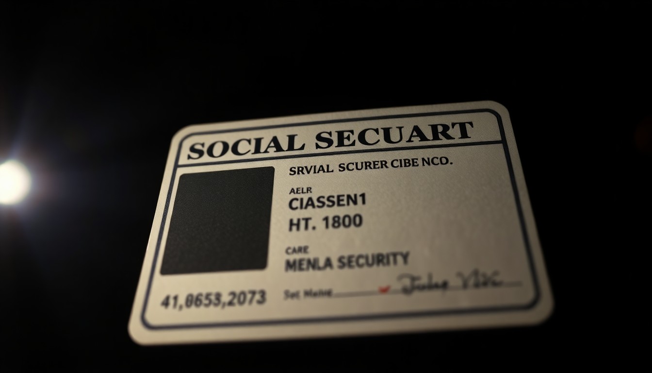 An extreme close-up photograph of a counterfeit Social Security card or driver's license, lit by a harsh, direct camera flash against a pitch-black background, conveying the stark, gritty nature of the crime.