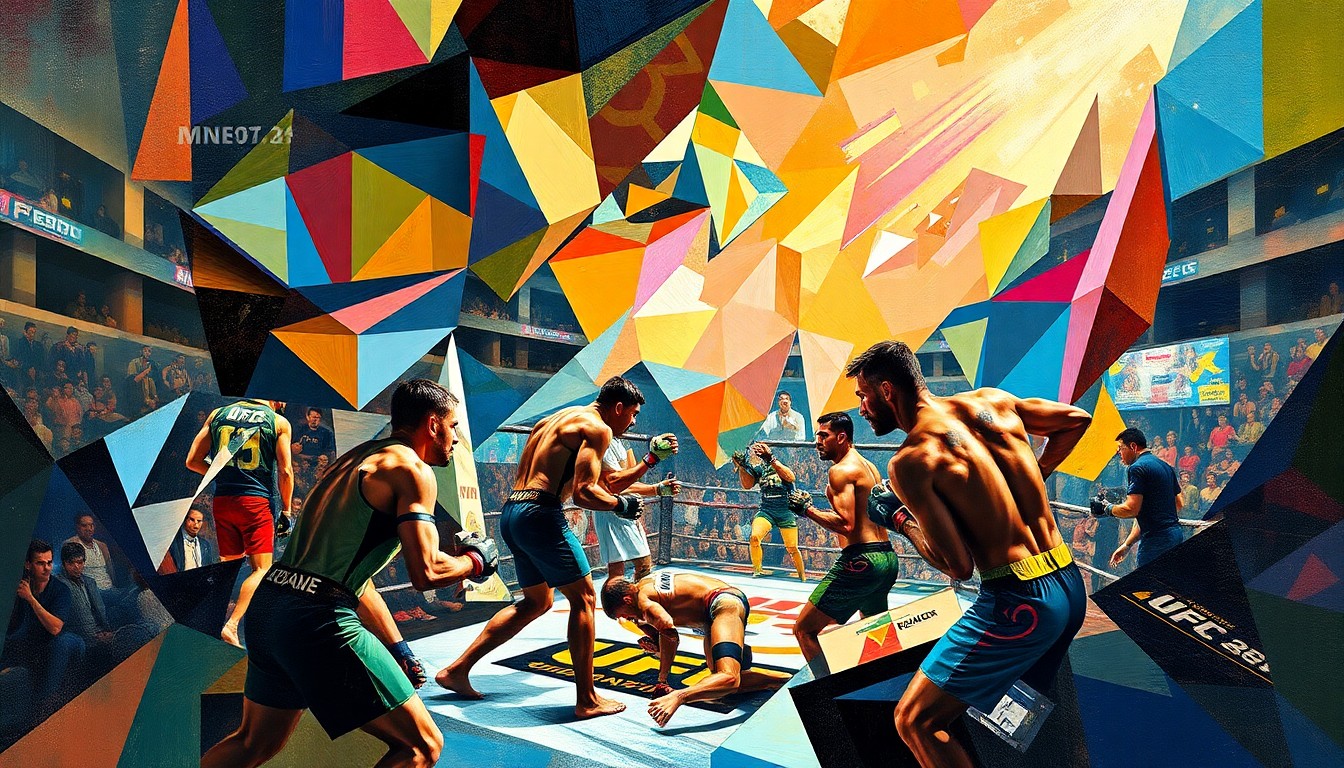 A cubist, geometric painting depicting an abstract UFC fight scene, with angular, overlapping shapes representing the fighters and arena.