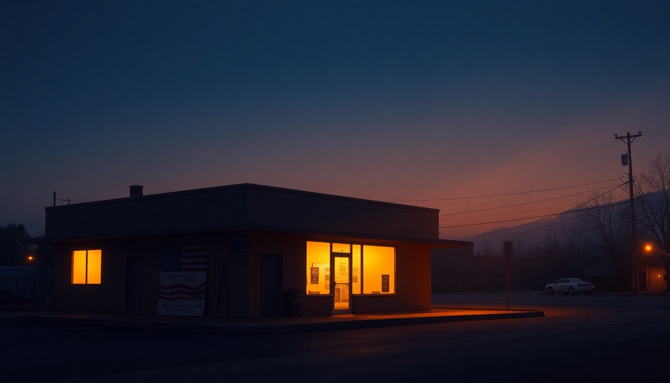 A dimly lit, cinematic painting of an empty government office or campaign headquarters, with warm sunlight streaming through the windows and deep shadows casting across the room, conveying a sense of solitude and contemplation around the political dynamics at play.