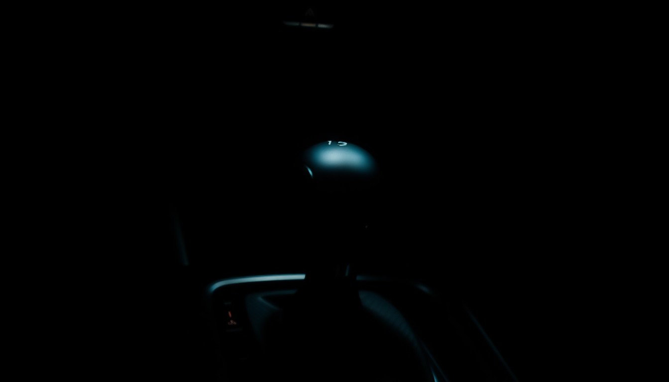 An extreme close-up photograph of a car's gear shift in drive, with the gear knob and surrounding dashboard details lit by a harsh, direct camera flash against a pitch-black background, conceptually illustrating the dangers of an unconscious driver behind the wheel.