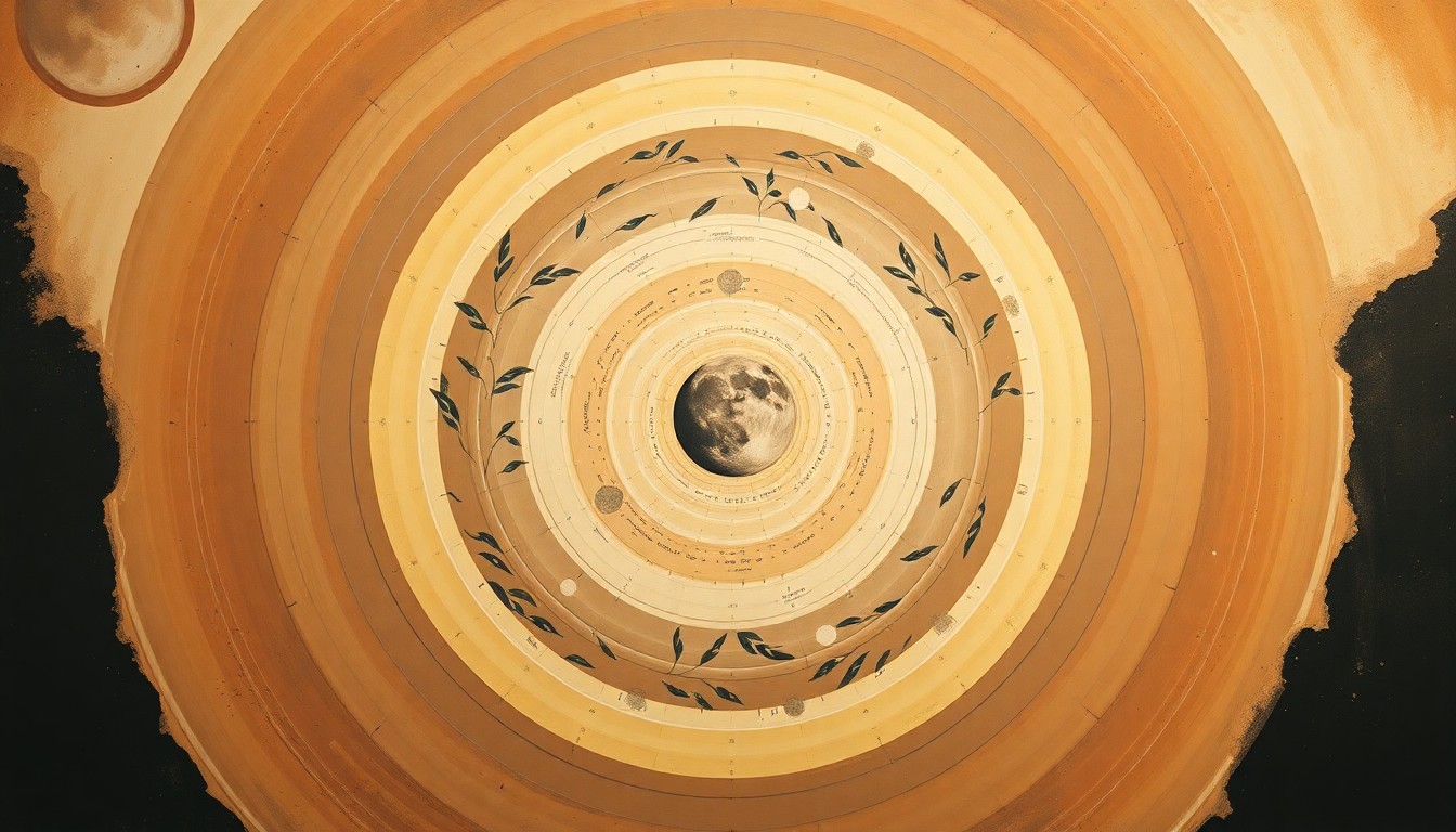 A highly structured abstract painting in earthy tones, featuring sweeping geometric arcs, concentric planetary circles, and precise botanical spirals, conveying the awe-inspiring scale and mystery of space exploration without the use of any text or symbols.