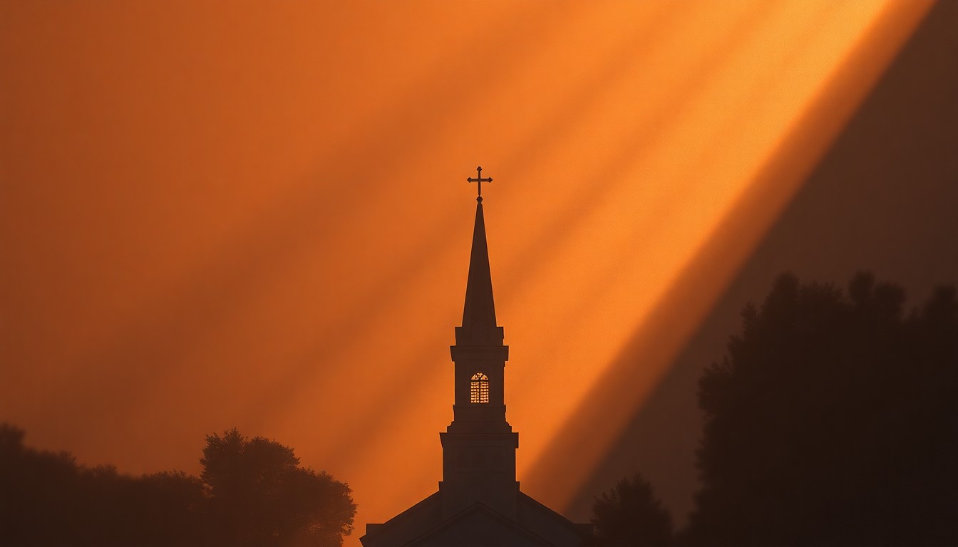 A serene, photorealistic painting of a church steeple or cross in soft, warm light, conveying a sense of quiet contemplation and the intersection of faith and politics.