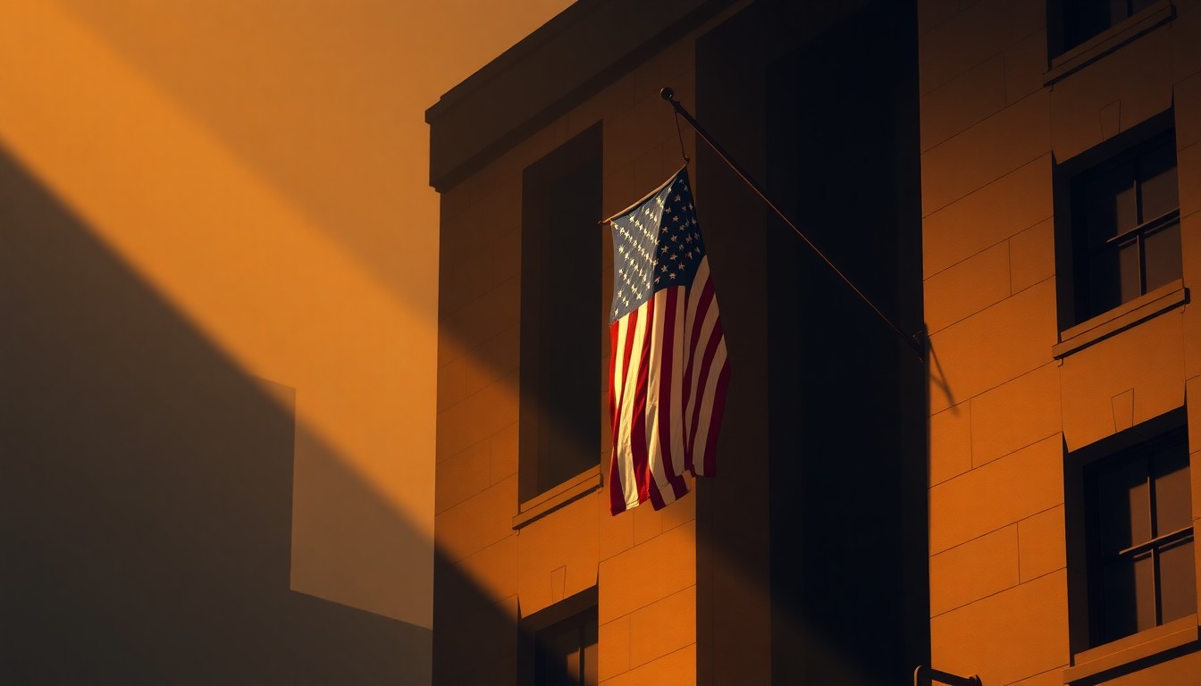 A close-up view of an American flag hanging at half-staff on a municipal building, with the flag's fabric and pole casting long shadows across the facade in warm, golden light, conveying a sense of quiet contemplation and civic mourning.