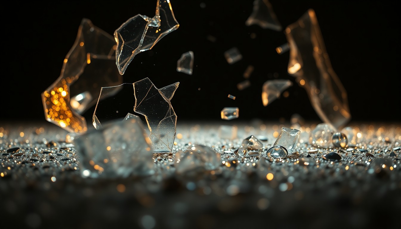 An abstract, high-contrast close-up photograph of shattered glass and glittering sequins, conceptually representing the glamour and heartbreak of a celebrity relationship ending.
