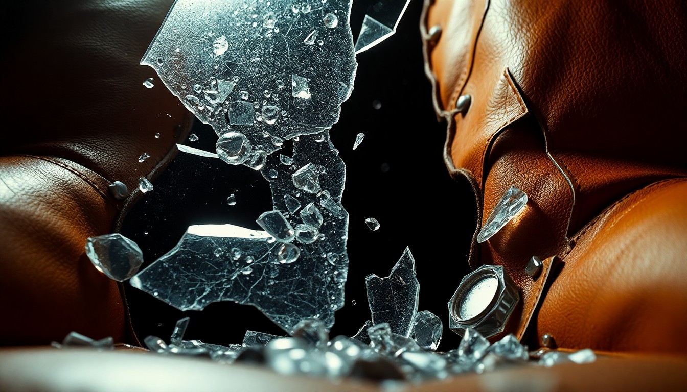 An abstract close-up image of shattered glass and cracked leather textures, captured in dramatic high-contrast studio lighting to conceptually represent the emotional turmoil and safety issues surrounding the 'Rust' film set tragedy.