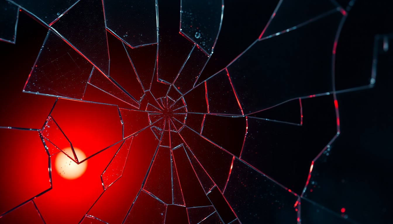 An abstract close-up photograph of shattered glass reflecting a faint red glow, conveying the obscured and compromised truths at the heart of the film's exploration of the U.S. torture program.