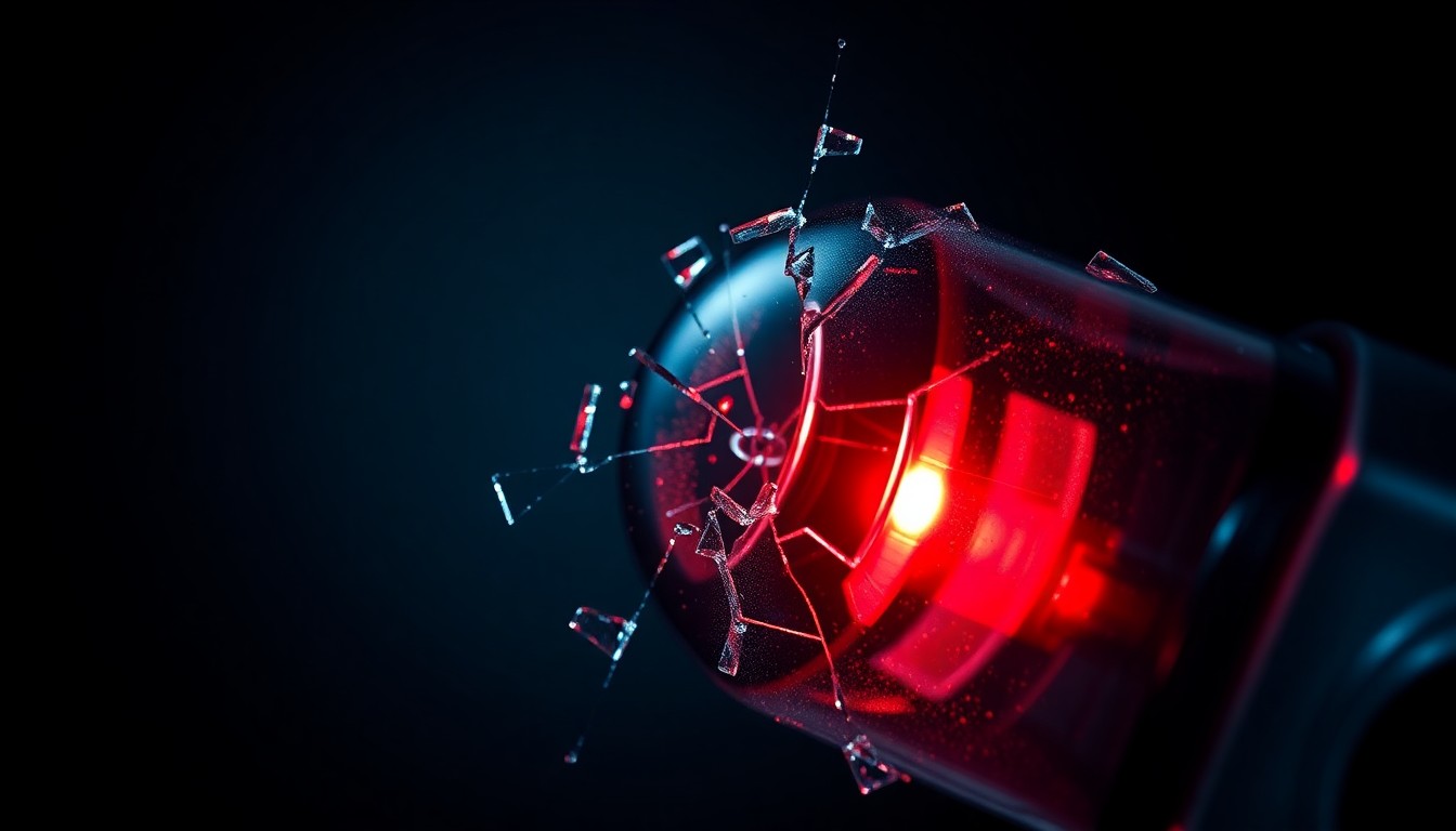 An extreme close-up photograph of a cracked and shattered glass medical instrument, reflecting a faint red light, conceptually representing the high-stakes drama of emergency medicine.