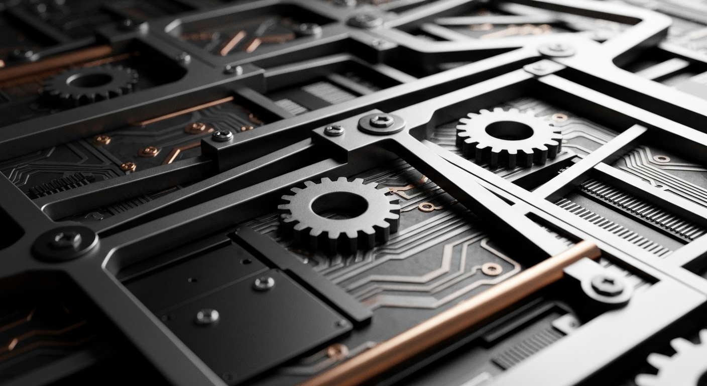 An extreme close-up of the intricate, industrial-looking mechanisms and components that make up the complex financial systems supporting biotech research and development, conveying a sense of power, security, and the underlying complexity of the industry.