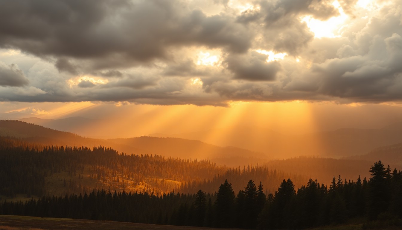 A sweeping landscape painting in muted earth tones, with rolling hills and pine forests bathed in warm, golden sunlight breaking through heavy cloud cover, conveying the fleeting nature of the upcoming warm spell in Central Oregon.