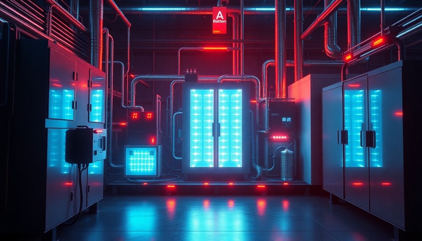 A highly detailed 3D illustration of a glowing, neon-lit battery energy storage system, with illuminated battery cells, power inverters, and control modules, conceptually representing the repurposing of retired electric vehicle batteries to power an industrial facility.