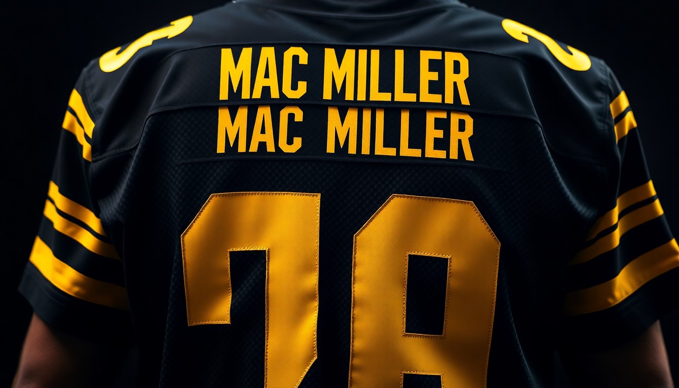 An extreme close-up of a black and gold football jersey with Mac Miller's name and number, shot in dramatic high-contrast studio lighting to create a glamorous, textural aesthetic.