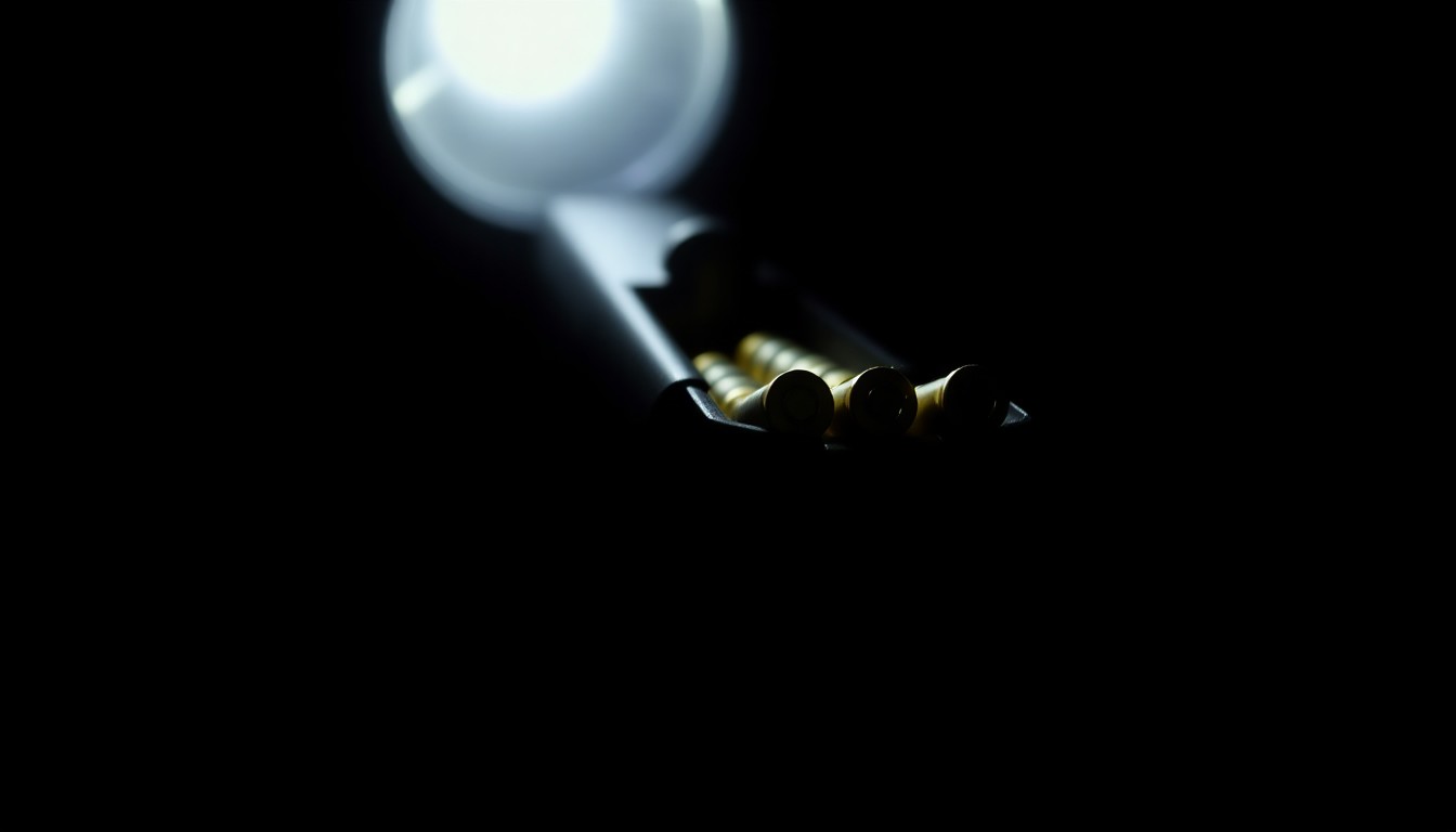 An extreme close-up photograph of a handgun magazine loaded with ammunition, lit by a harsh, direct camera flash against a pitch-black background, creating a stark, gritty, investigative aesthetic.