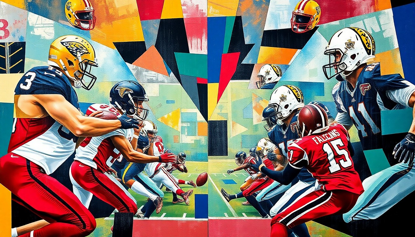 A fractured, multi-perspective painting with sharp, overlapping geometric planes of color representing the bodies and movements of football players, without any identifiable features or logos.