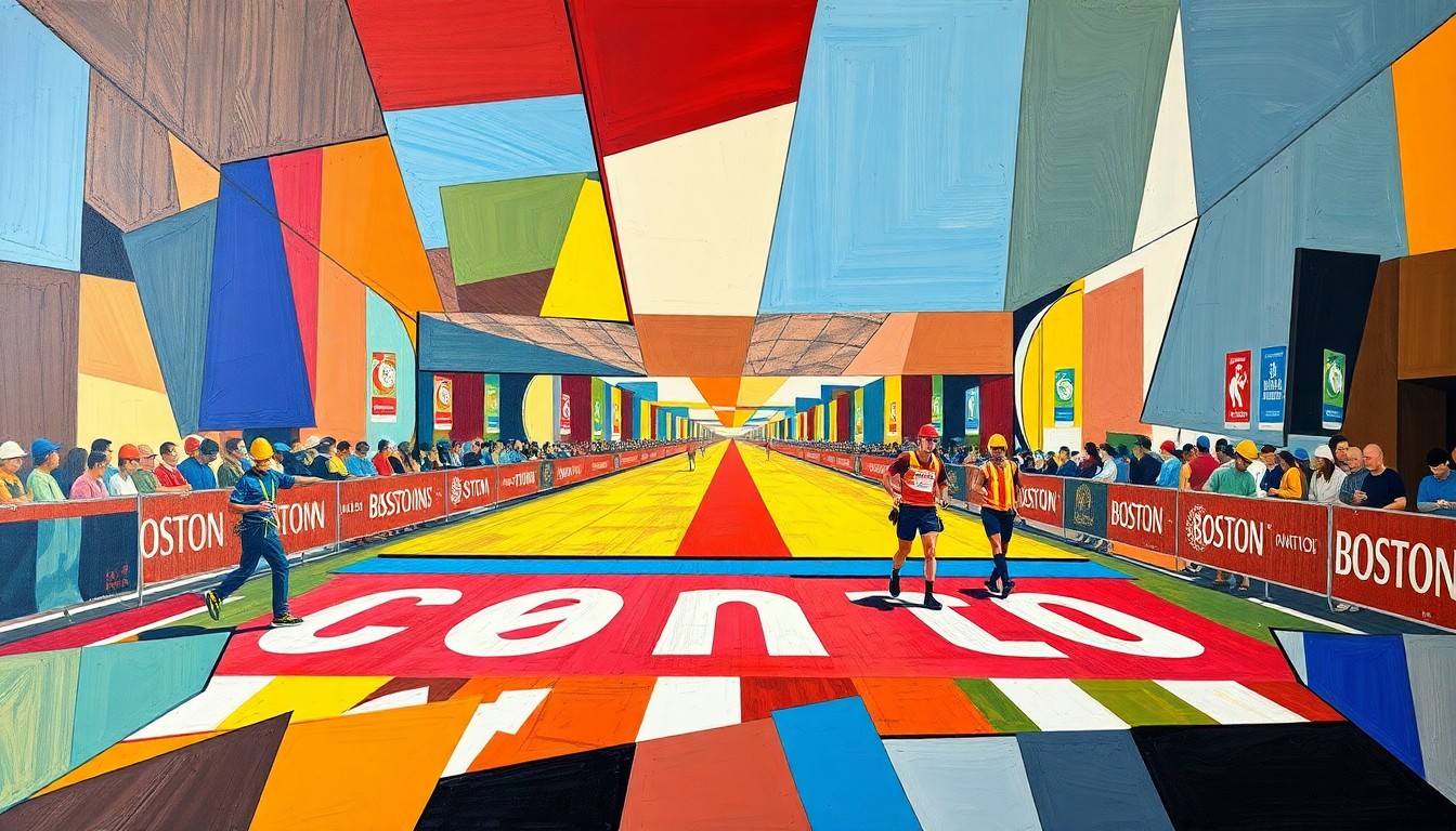 An abstract, cubist painting depicting the Boston Marathon finish line installation, with the vibrant colors and focused actions of the installers broken down into sharp, overlapping geometric shapes and planes.
