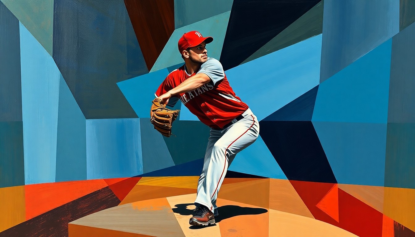 A fragmented, geometric painting depicting a pitcher's windup and delivery, with sharp planes of deep blue, brown, and red conveying the raw power and dynamic motion of the athlete's movements.