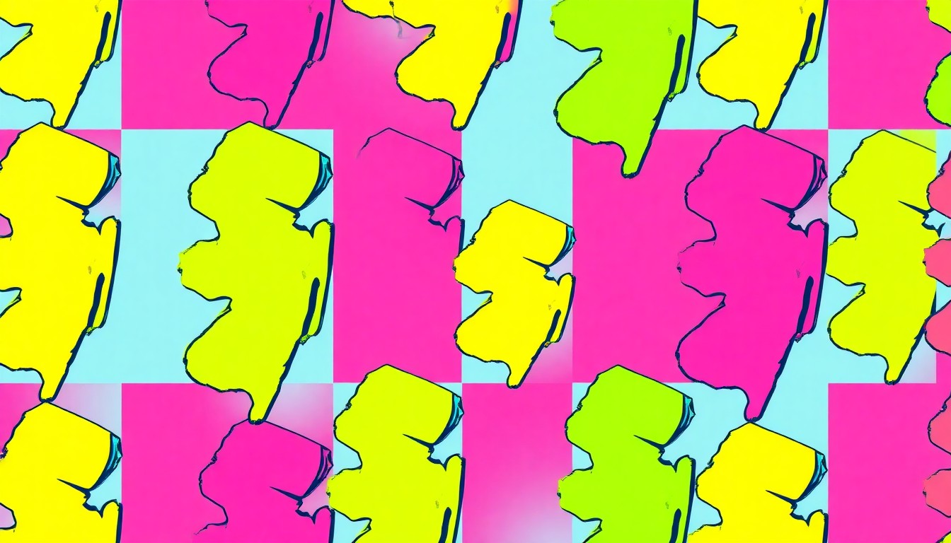 A bold, graphic illustration featuring a repeated pattern of a single, iconic New Jersey food item in a vibrant, neon color palette, capturing the state's culinary pride and creativity.