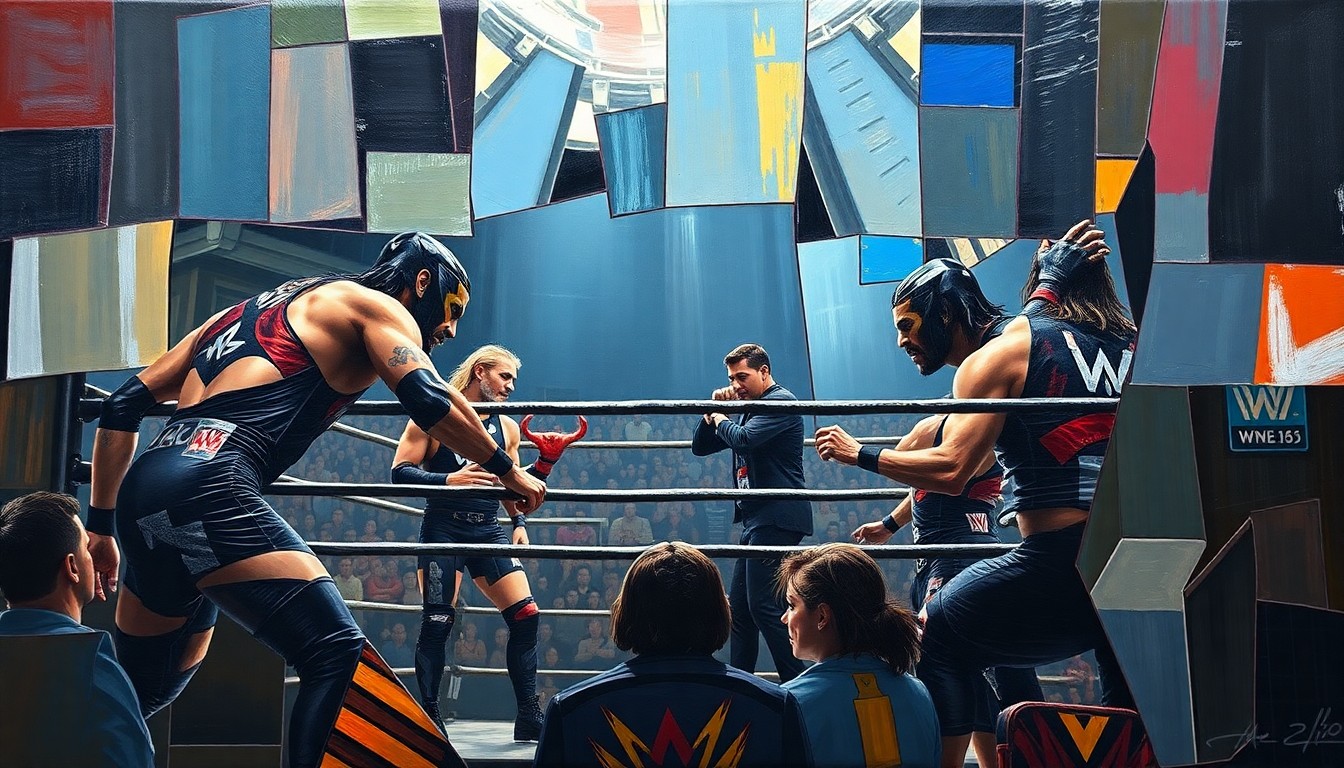 A cubist, geometric painting depicting a WWE match with overlapping planes of color and shape, capturing the energy and intensity of the event.