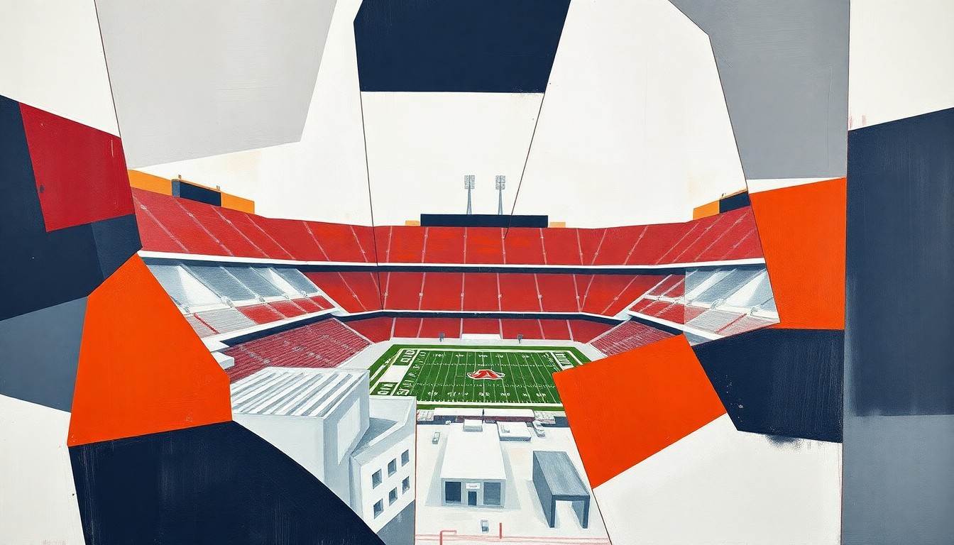 A cubist, geometric illustration depicting the planned renovations to Jordan-Hare Stadium, with overlapping planes of auburn, navy, and white colors representing the new premium seating, event spaces, and other upgrades to the iconic college football venue.