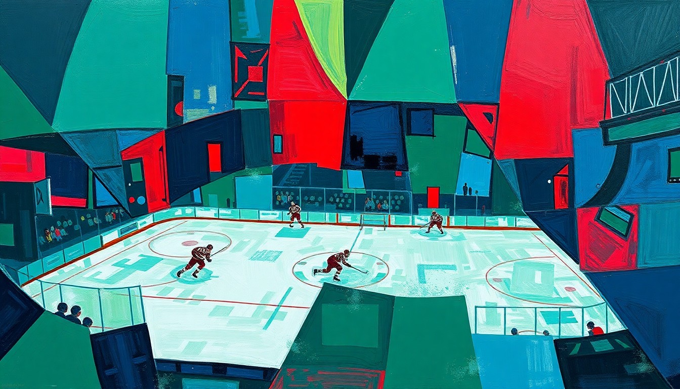 A fractured, cubist-style painting depicting a hockey game or match, with sharp geometric planes in navy blue, forest green, and crimson red, conceptually representing the complex organizational challenges facing the Canucks.