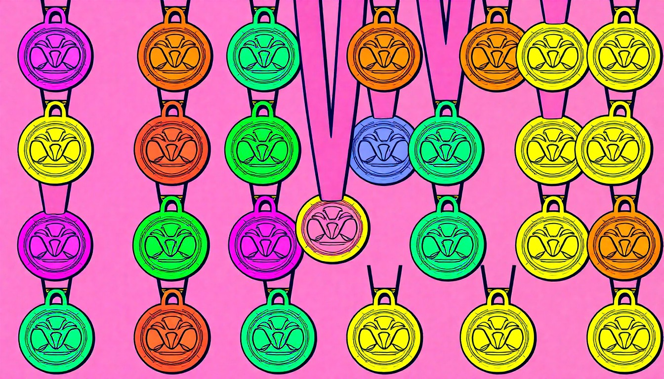 A high-contrast, silkscreen-style illustration of a gold Special Olympics medal repeated in a grid pattern, rendered in bright neon colors against a black background to capture the energy and celebration of the event.