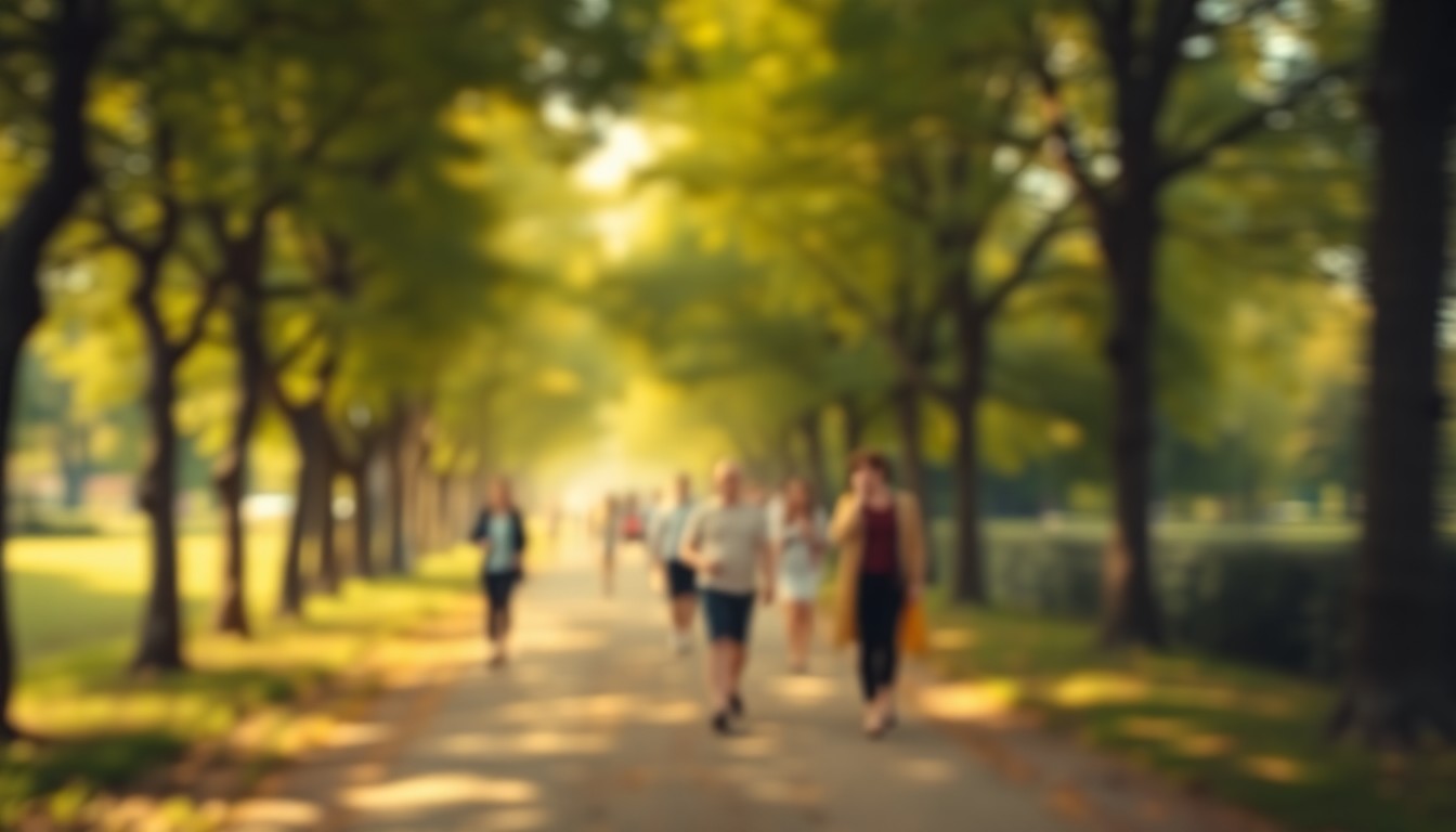 An impressionistic, dreamlike scene of people walking in a hazy, colorful landscape, conveying a sense of tranquility and mindfulness.