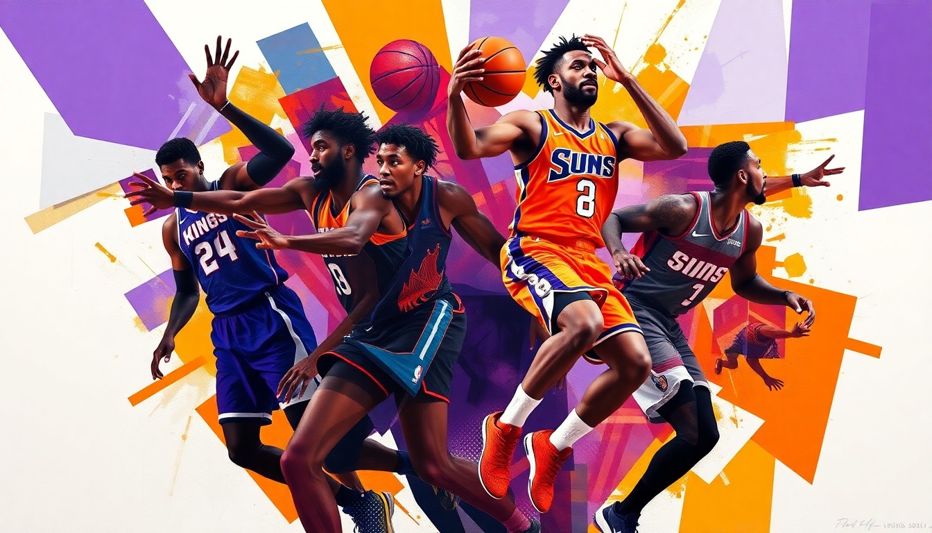 A fractured, cubist-style painting depicting the dynamic movements of a basketball player, with sharp geometric planes in vibrant colors representing the uniforms of the Phoenix Suns and Sacramento Kings, conceptually illustrating the trade rumors surrounding Ja Morant.