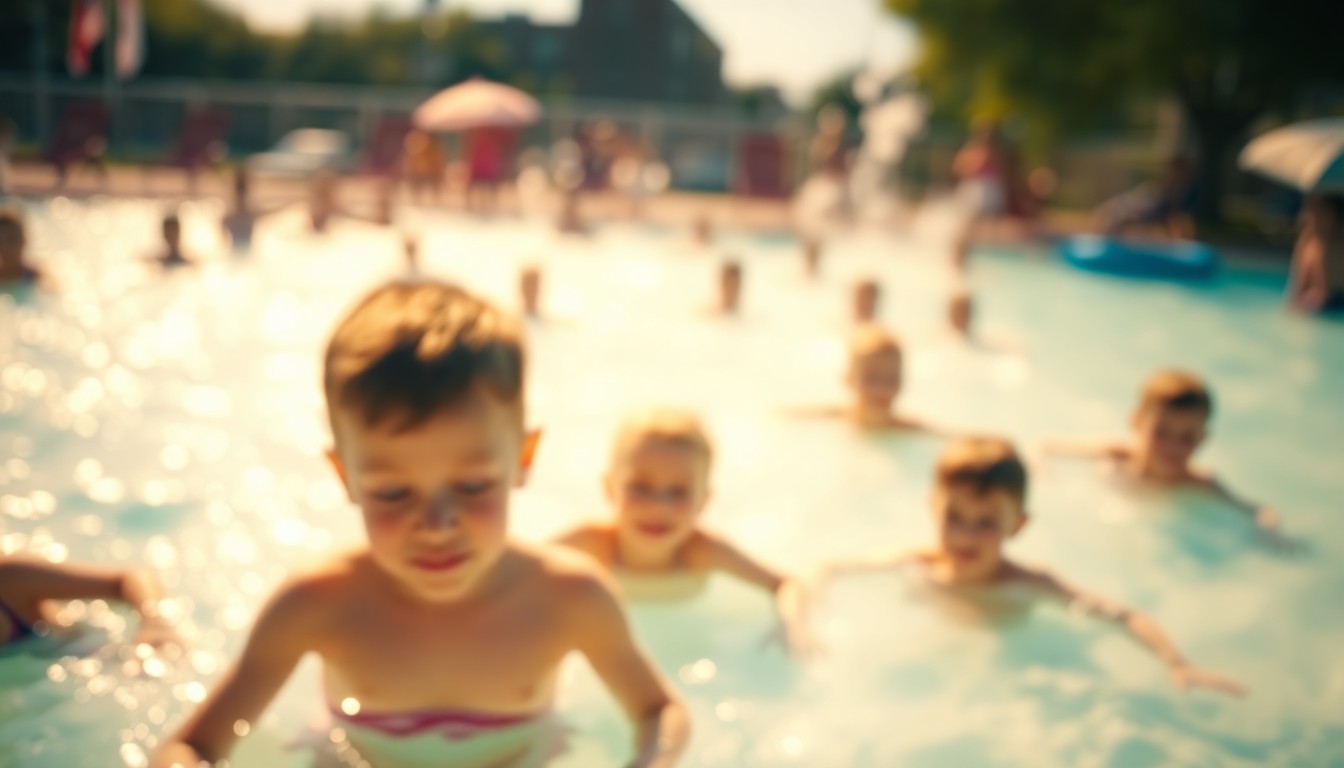 An abstract, out-of-focus photograph depicting the hazy, warm atmosphere of a public pool on a summer day, conveying the sense of community and recreation that the Haffen Park Pool Complex provides to local residents.