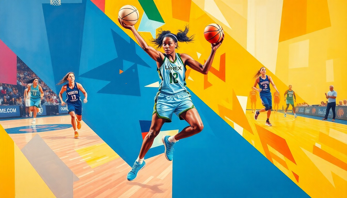 A cubist, geometric painting depicting the movements and actions of a WNBA basketball player on the court, with sharp, overlapping planes of vibrant team colors representing the Minnesota Lynx and Las Vegas Aces.