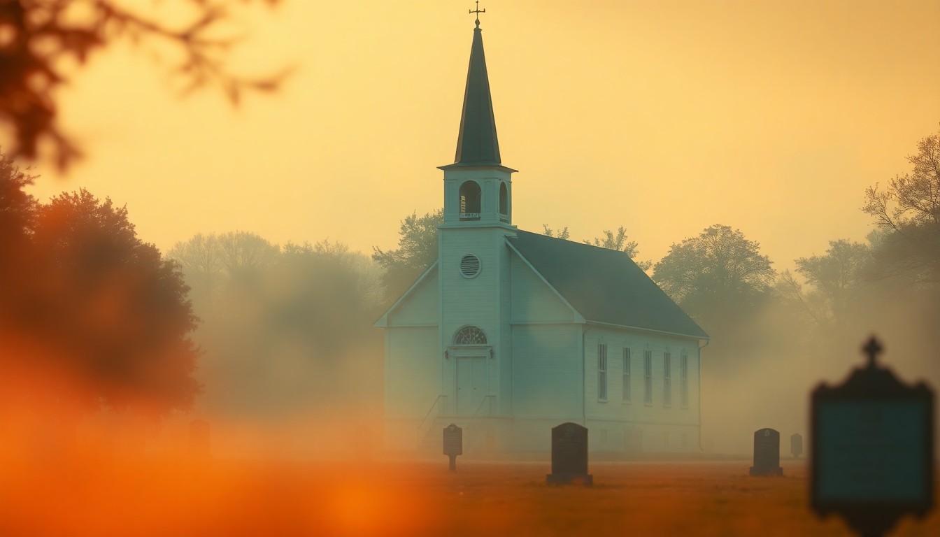An abstract, impressionistic scene of a church steeple and graveyard shrouded in a warm, blurred haze, conveying the reflective and somber mood of a small-town funeral.