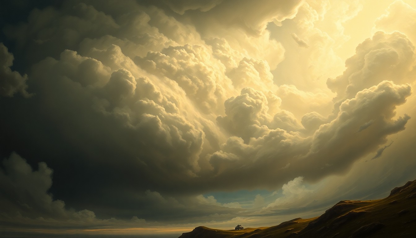 A sweeping, atmospheric landscape painting in muted tones of gray, blue, and gold, depicting a massive, swirling storm system dominating the horizon and dwarfing any physical structures or vehicles caught within it, conveying the overwhelming, sublime power of nature.