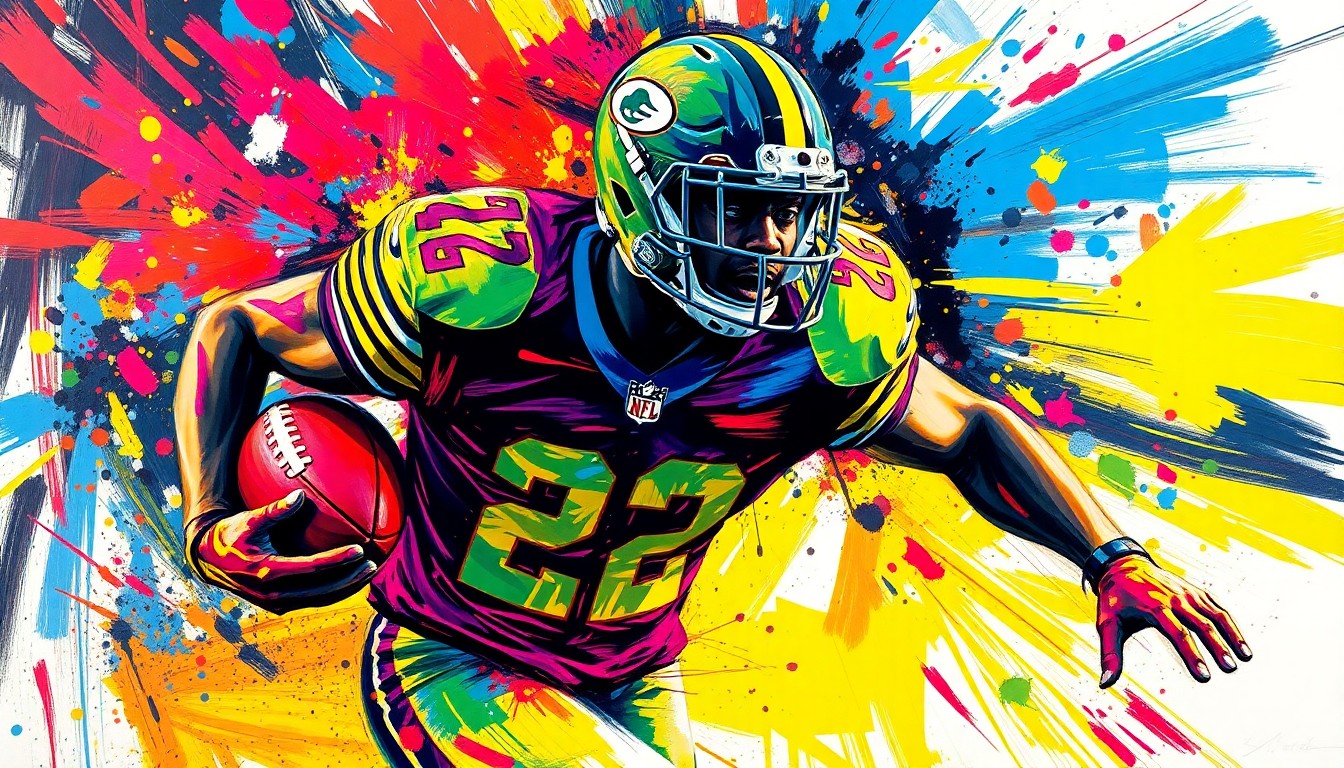 An abstract, expressionist painting featuring vibrant brushstrokes of neon colors capturing the dynamic motion and raw energy of a football player in action, with the player's face and uniform details dissolving into unrecognizable splatters of paint.