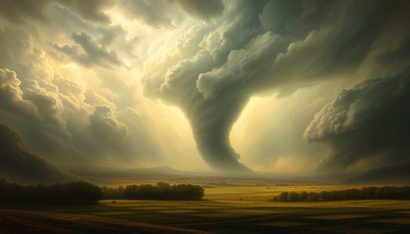 A sweeping, atmospheric landscape painting depicting a massive tornado system dwarfing the rural homes and landscape below, conveying the overwhelming scale and power of the severe weather event.