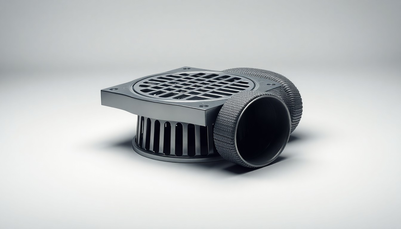 A high-end, photorealistic studio still-life photograph featuring a polished, chrome-plated storm drain grate and a coiled length of heavy-duty industrial pipe, arranged elegantly on a clean, monochromatic background to symbolize the abstract concepts of modern water infrastructure and environmental stewardship.