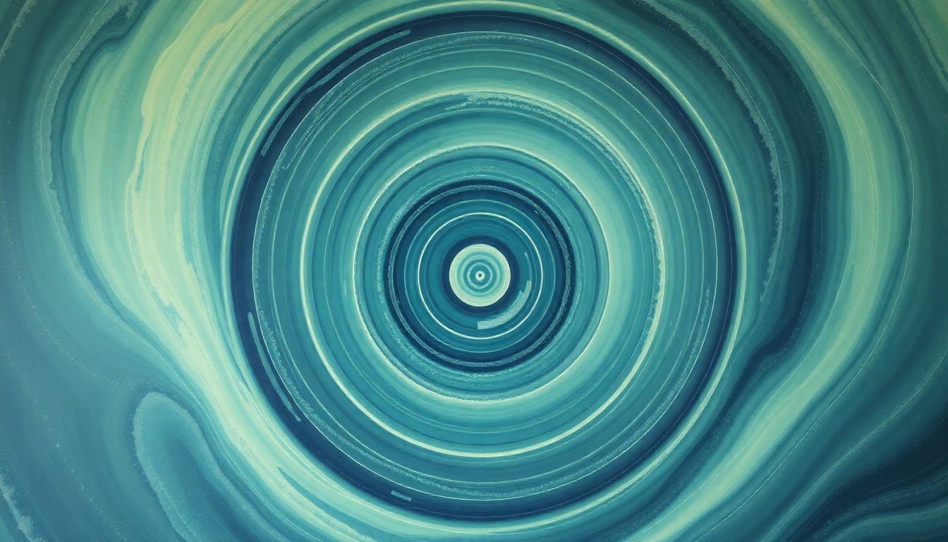 A bold, geometric abstract painting in soft shades of green, blue, and purple, depicting the complex interplay of solar winds, magnetic fields, and atmospheric phenomena that produce the aurora borealis.