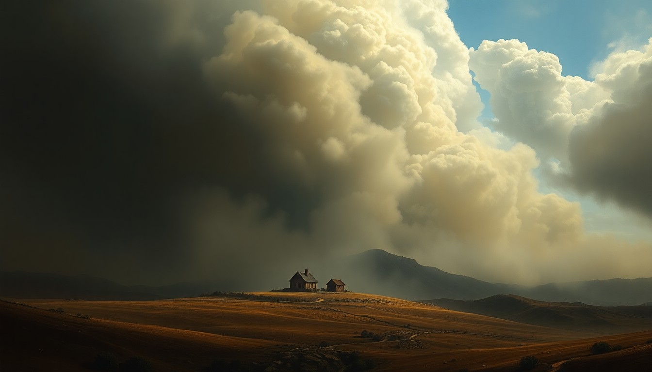 A sweeping, atmospheric landscape painting in muted tones of grey, blue, and brown, with a small, partially obscured house in the distance enveloped by thick, billowing smoke, conveying the overwhelming scale and impact of a natural disaster.
