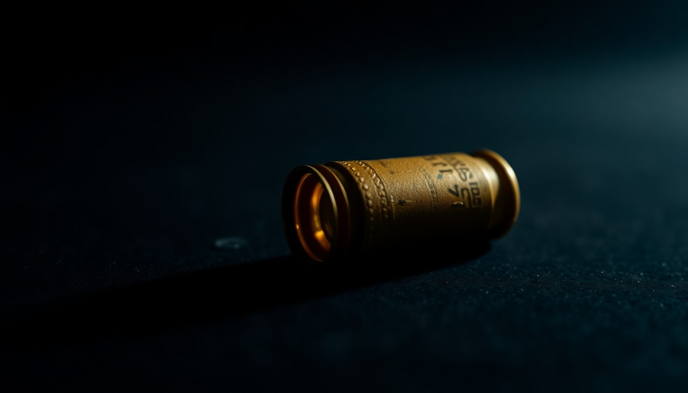 An extreme close-up photograph of a single spent shell casing on a dark surface, lit by a harsh, direct camera flash, conceptually representing the physical evidence of a deadly drive-by shooting.