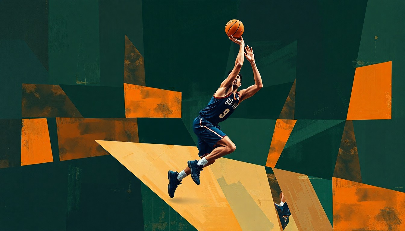 A fragmented, geometric painting depicting the overlapping motions of a basketball player, rendered in a muted color palette of navy, green, and orange, conveying the unrealized promise of the player's career.