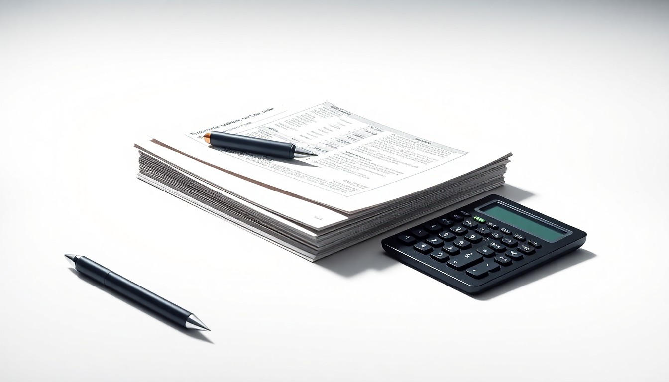 A high-end, photorealistic studio still-life photograph featuring a stack of financial documents, a pen, and a calculator arranged elegantly on a clean, white seamless background, conceptually representing the abstract corporate strategy and financial risks facing Propanc Biopharma.