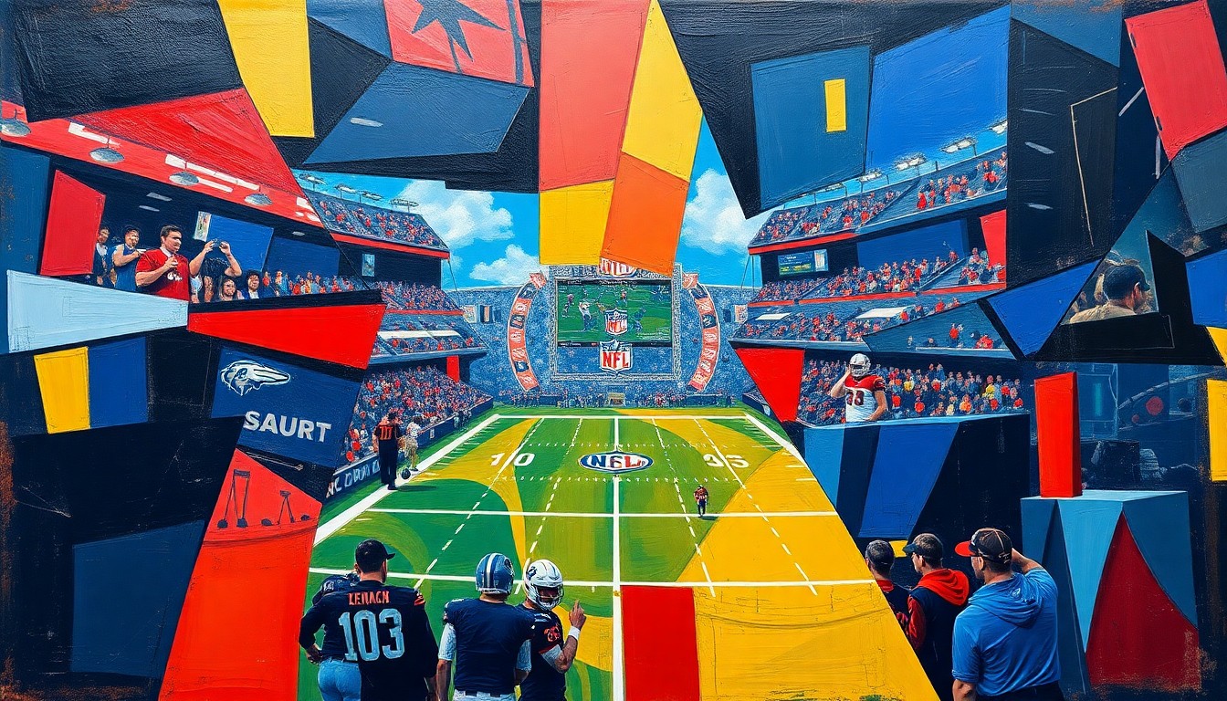 A cubist, geometric painting depicting fragmented football players and draft prospects, with sharp planes of navy blue, red, and gold overlapping to create a dynamic, abstract scene.