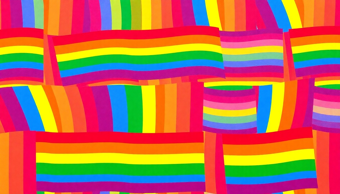 A brightly colored, high-contrast silkscreen print of a rainbow-colored Pride flag repeated in a tight grid pattern, conveying the vibrant and celebratory nature of the Brooklyn Pride event.