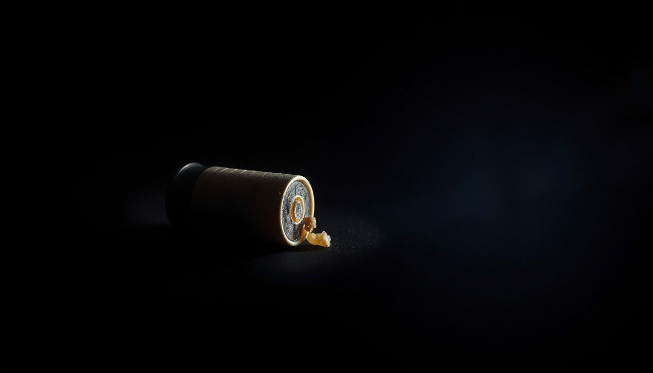 An extreme close-up photograph of a spent shell casing or other small piece of physical evidence from the crime scene, lit by a harsh, direct camera flash against a pitch-black background, conveying a stark, gritty, investigative aesthetic.