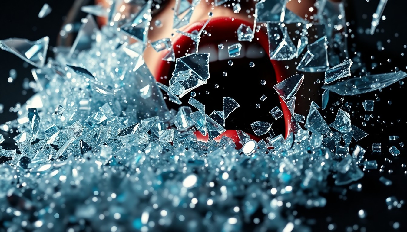 An extreme close-up photograph of shattered glass and glittering sequins, capturing the emotional intensity and glamour of celebrity culture through dramatic, high-contrast lighting and abstract textures.