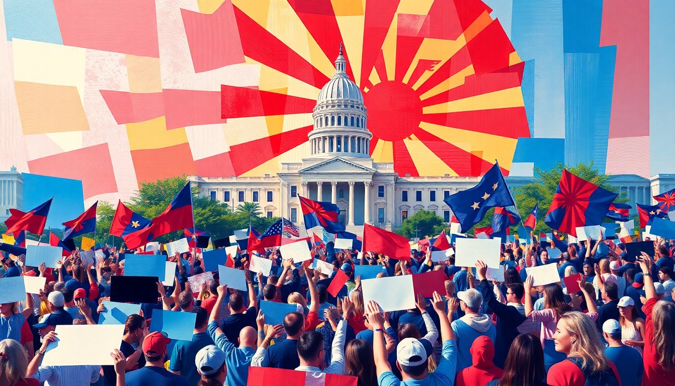 A fractured, abstract painting depicting a crowd of people waving political signs and flags, with the Arizona state capitol building in the background, conveying the energy and tension of the rally.
