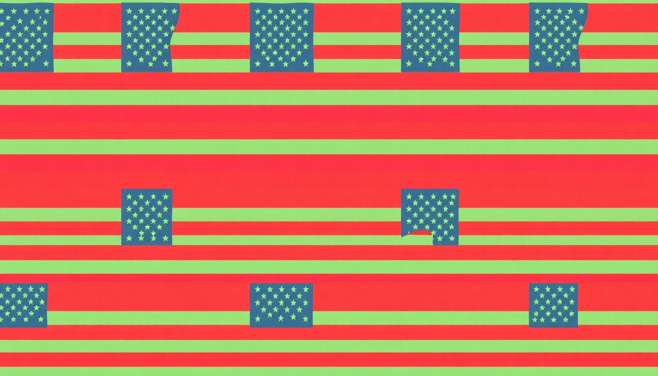 A bold, abstract silkscreen illustration featuring a repeated American flag design in a grid of neon colors and heavy black outlines, conceptually representing the patriotic themes and pop art style of the 'America 250 Time Machine' event.