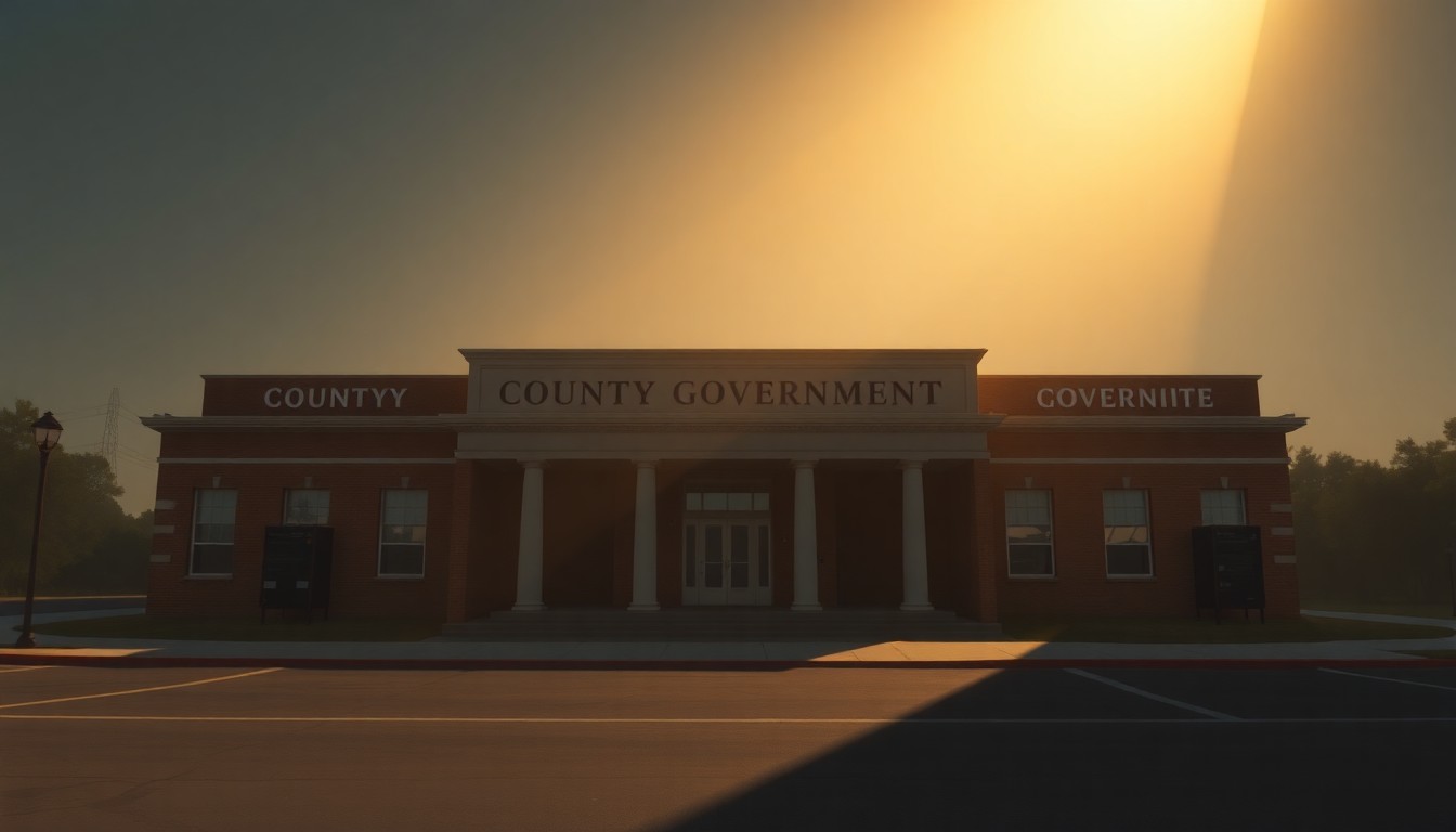 A serene, cinematic painting depicting an empty county government building with warm sunlight streaming through the windows, casting deep shadows across the facade. The building's simple, classic architecture and muted tones evoke a sense of civic duty and community engagement.