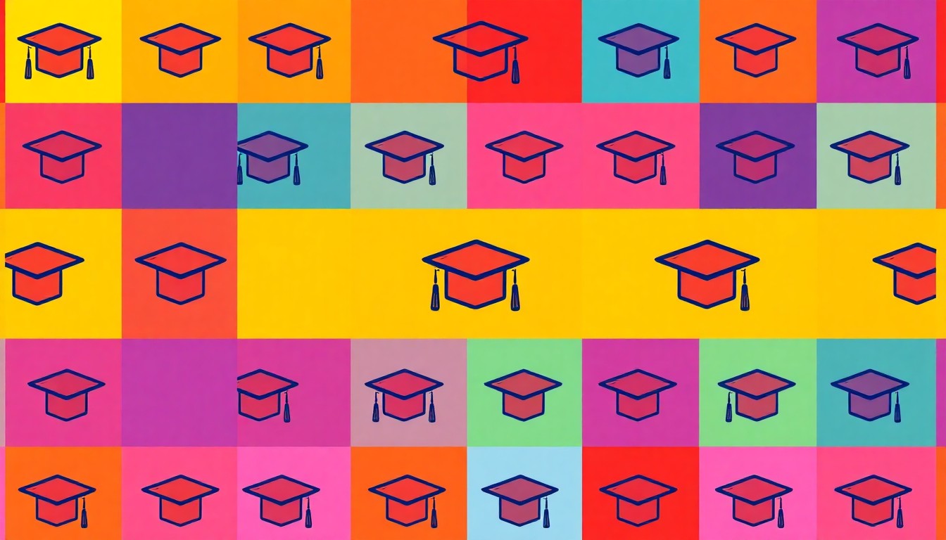 A bold, colorful silkscreen-style illustration featuring a repeated icon of a graduation cap, conceptually representing the innovative educational opportunities at the new leadership-focused high school.