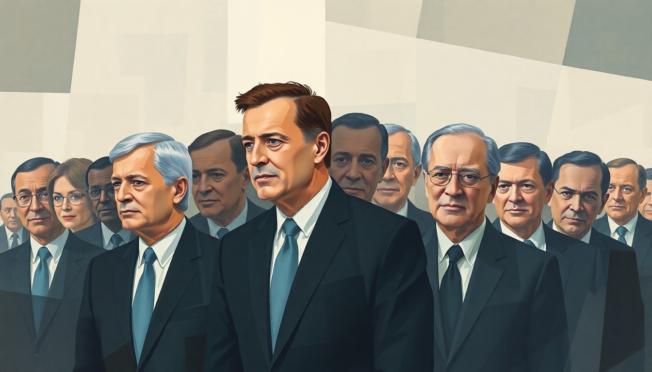 A dynamic, abstract painting of overlapping, geometric figures in muted tones, representing the tension and debate surrounding the U.S. government's new stance on immigration as a foreign policy priority.