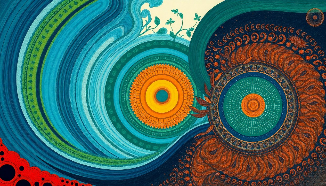 A highly structured abstract painting in muted shades of blue, green, and brown, featuring sweeping geometric arcs, concentric circular patterns, and precise botanical spirals, conceptually representing the intricate natural and man-made forces contributing to red tide events in Florida.