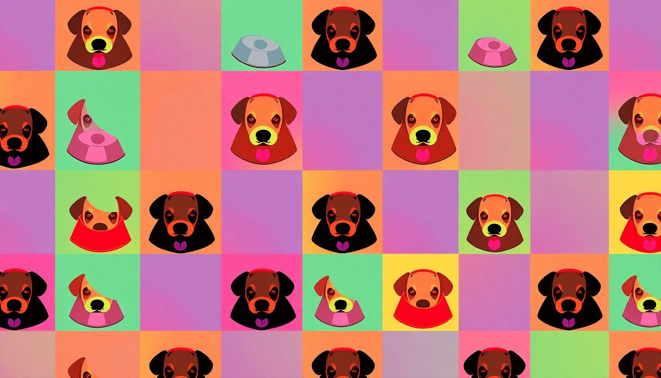 A bold, colorful silkscreen-style illustration featuring a repeating pattern of a dog food bowl in vibrant neon shades, conceptually representing the scale of the animal welfare issues facing the city.