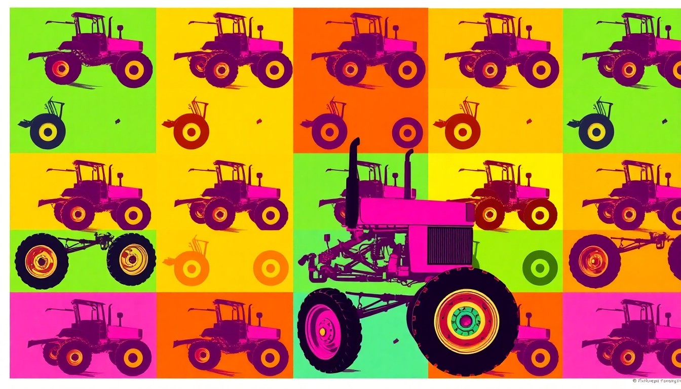A bold, colorful silkscreen print featuring a repeated image of a farming tool like a tractor or pitchfork, capturing the energy and creativity of the Rollin' Tractor Show and Parade.